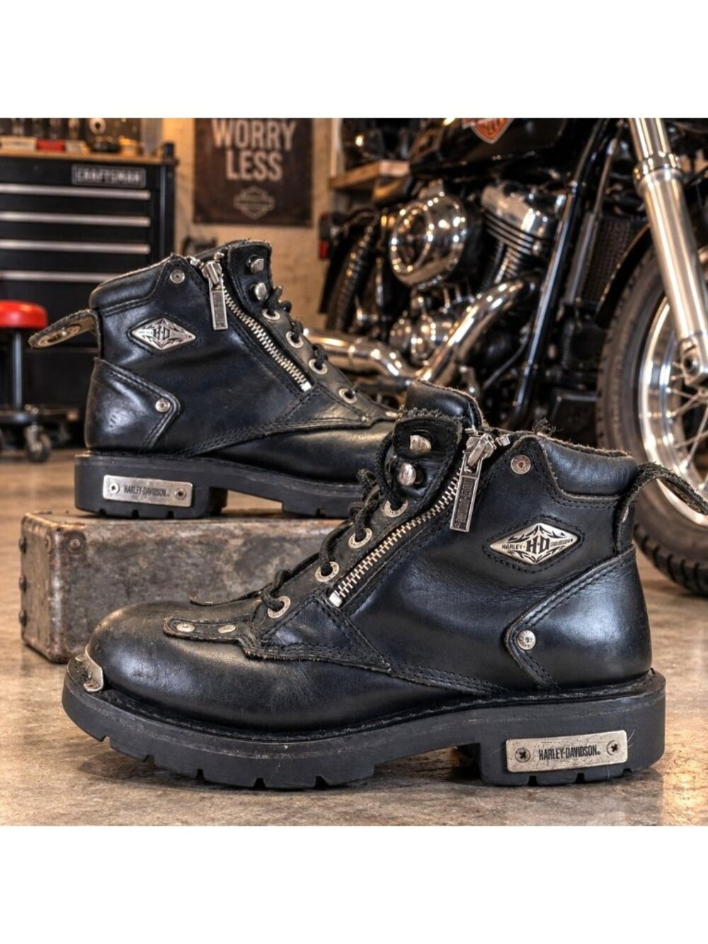 Harley Davidson Womens 6 Motorcycle Boots Black Leather Zip Lace Up Biker 81639